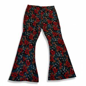 Free People Boho Floral Flare Pants High Rise Teal Orange Size Small
